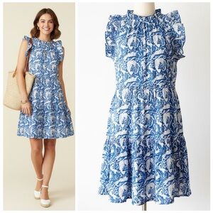 The Fox and the Mermaid Calla Ruffle Trim Block Printed Dress Blue Night Size M